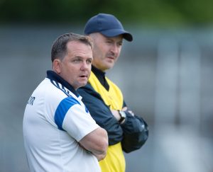 Davy Fitzgerald and Donal Óg Cusack, , on the sideline during their All-Ireland Senior Championship Qualifier game against Laois in Ennis. Photograph by John Kelly.