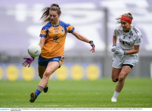 25 September 2016; Sarah Bohannon of Clare in action against Shauna Kendrick of Kildare during the TG4 Ladies Football All-Ireland Intermediate Football Championship Final match between Clare and Kildare at Croke Park in Dublin. Photo by Piaras Ó Mídheach/Sportsfile