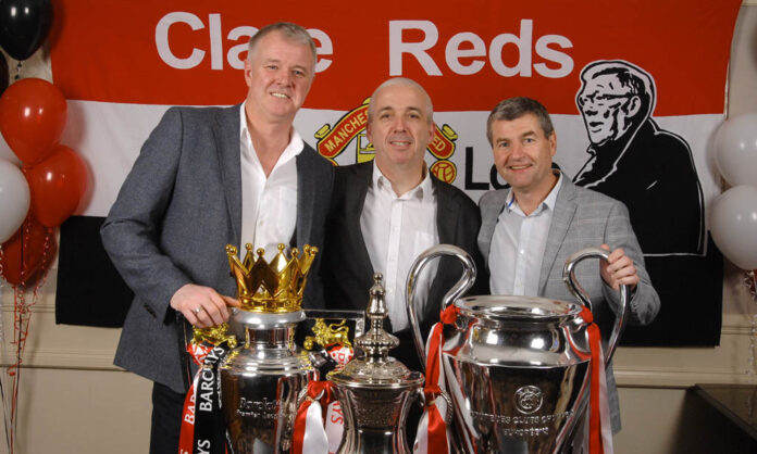 Gary Pallister and Denis Irwin with Peter Boyle, centre, at the Clare Manchester United Supporters Club night at The Auburn Lodge Hotel, Ennis. Photograph by John Kelly