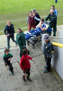 Cratloe's Conor McGrath is taken from Cusack Park by stretcher after his side lost out to Clonlara in the Clare County Championship Hurling semi final today. Pic Arthur Ellis.