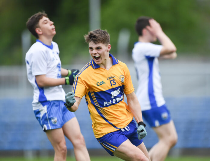 Ross O'Doherty of Clare celebrates his second half goal against Waterford during their minor championship game at Cusack Park. Photograph by John Kelly.