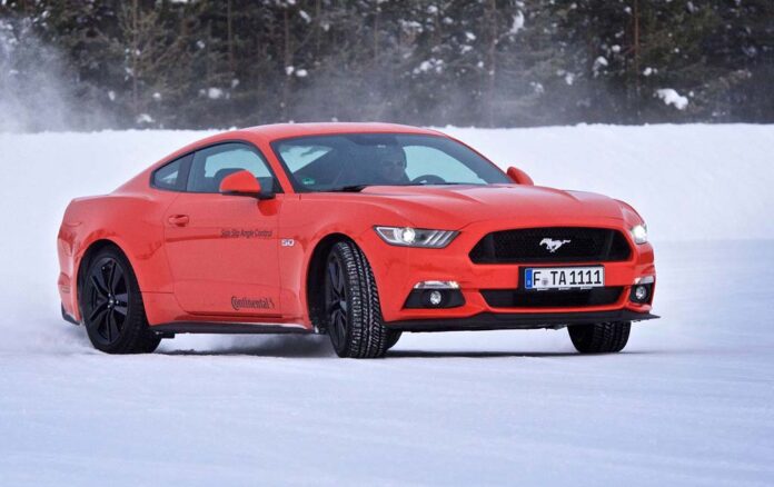 Having fun with a 5.0 litre V8 Mustang on the frozen lake.