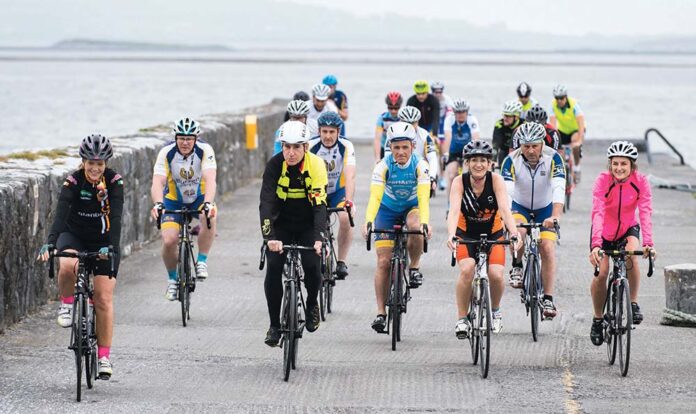 Seán Kelly leading out the cyclists at Ballyvaughan on Saturday.