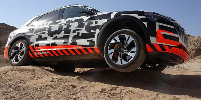 The e-tron tackled the off-road course with ease. Here you can see the flat bottom of the car.