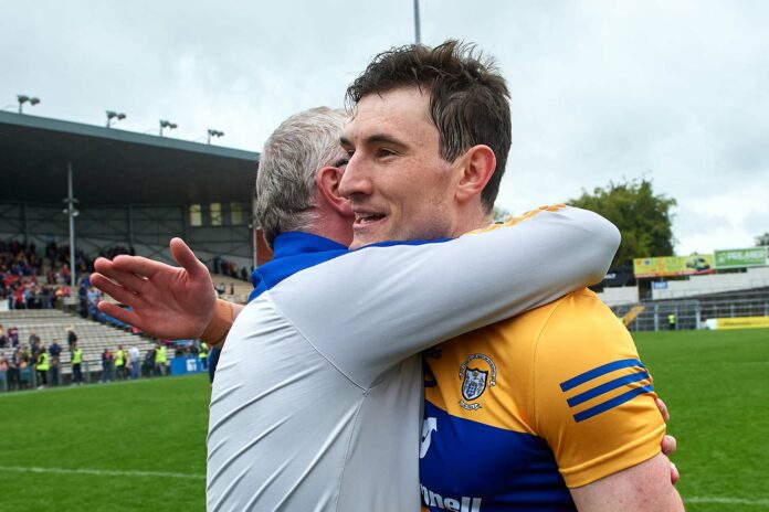 David Fitzgerald of Clare is congratulated by Brian Lohan, Clare Manager, following their Munster SHC Round Robin, Round 3 game at Thurles. Photograph by John Kelly