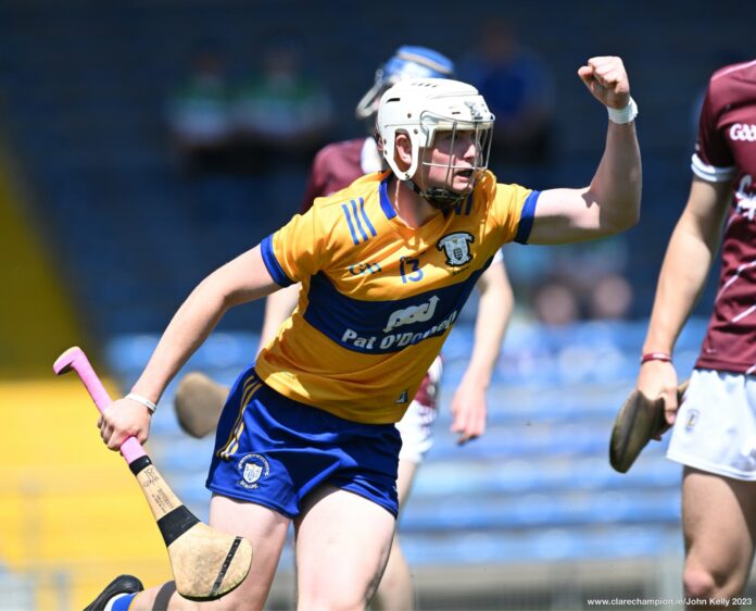 Ogie Fanning of Clare celebrates a goal during their Minor All-Ireland championship final at Thurles. Photograph by John Kelly.